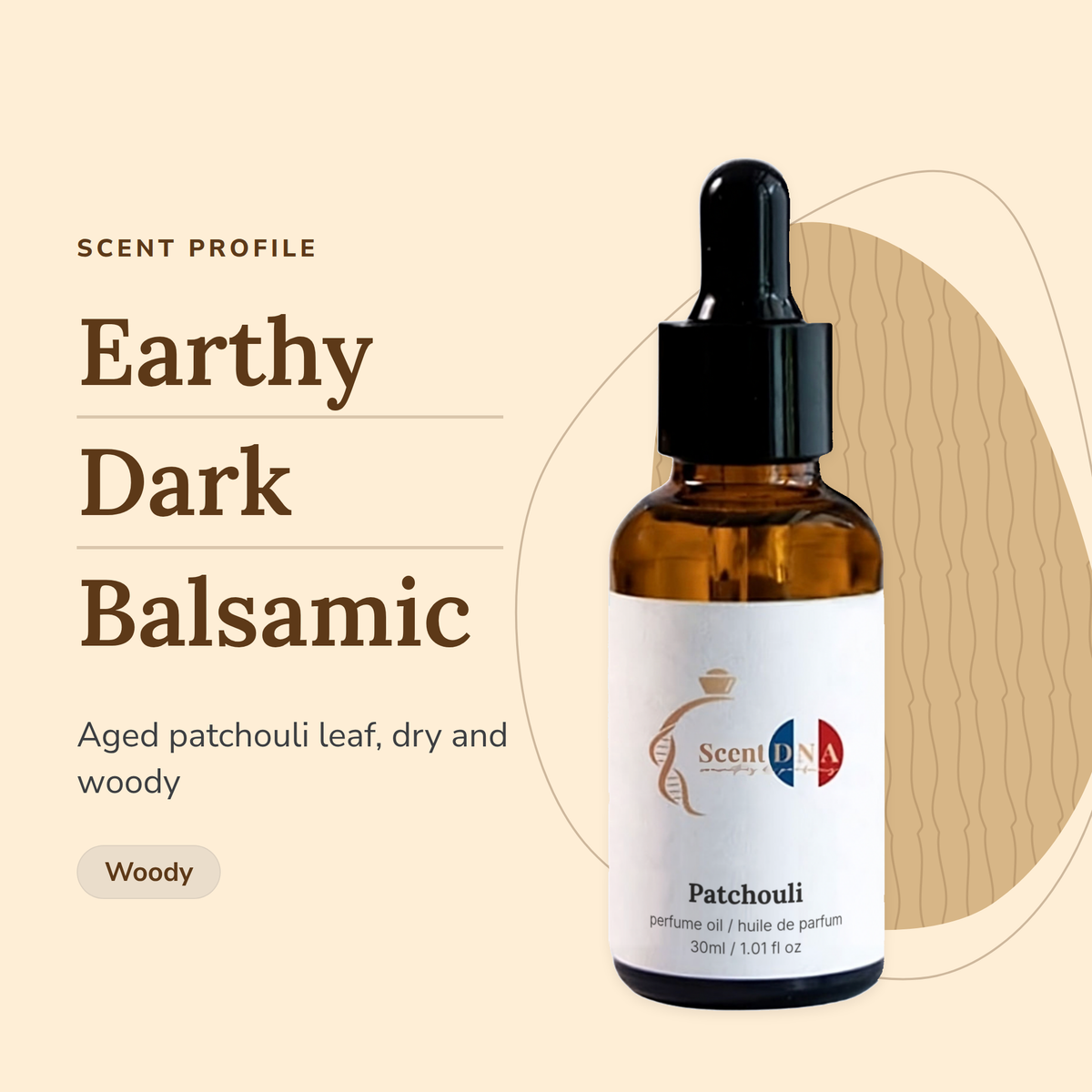 Patchouli Perfume Oil scent profile: earthy, dark, balsamic. Aged patchouli leaf, dry and woody