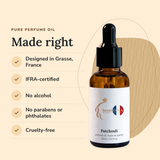 Patchouli Perfume Oil: designed in Grasse, IFRA-certified, no alcohol, no parabens or phthalates, cruelty-free