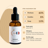 Patchouli Perfume Oil IFRA maximums: perfume 40%, candles 8%, soap 10%; flash point above 62 °C