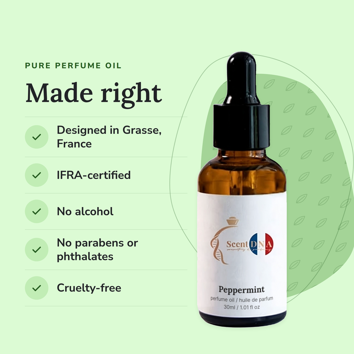 Peppermint Perfume Oil: designed in Grasse, IFRA-certified, no alcohol, no parabens or phthalates, cruelty-free