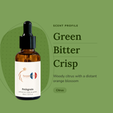 Petitgrain Perfume Oil scent profile: green, bitter, crisp. Woody citrus with a distant orange blossom
