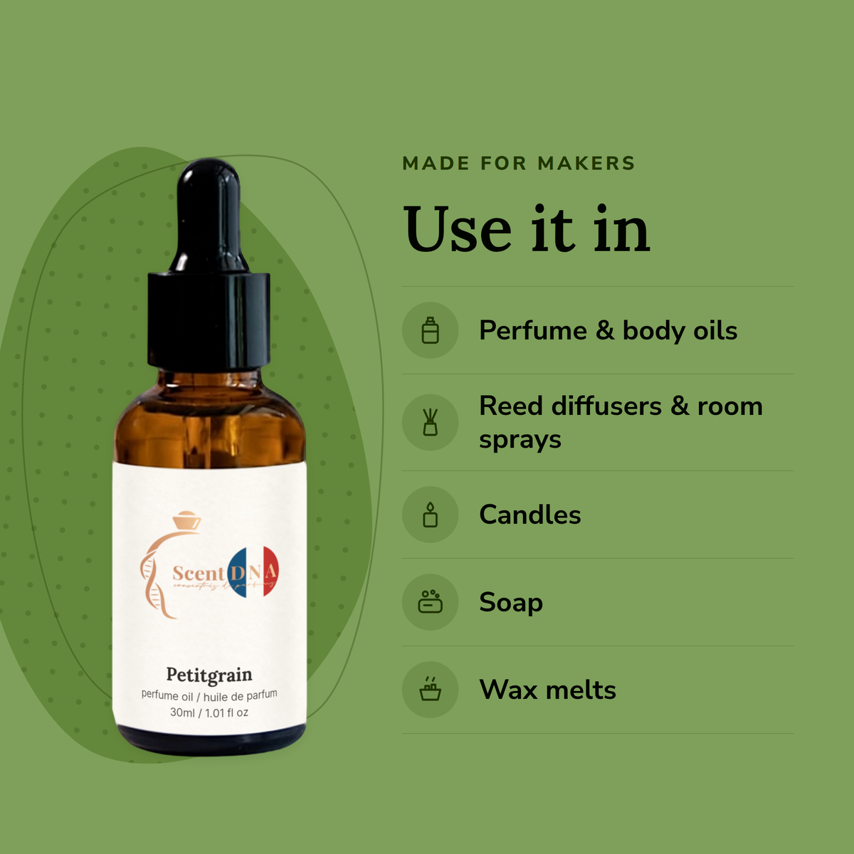 Petitgrain Perfume Oil uses: perfume & body oils, reed diffusers & room sprays, candles, soap, wax melts