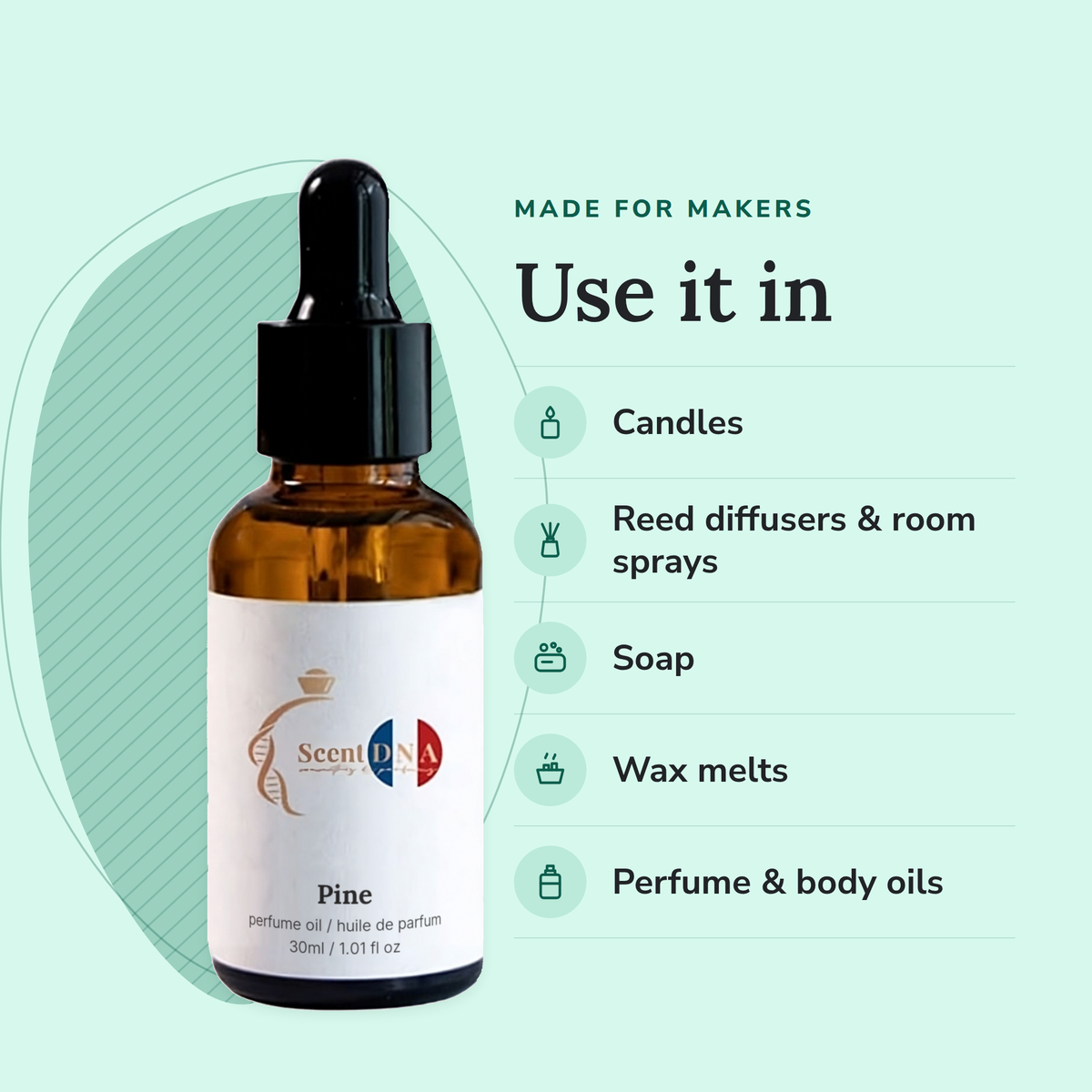 Pine Perfume Oil uses: candles, reed diffusers & room sprays, soap, wax melts, perfume & body oils