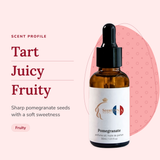 Pomegranate Perfume Oil scent profile: tart, juicy, fruity. Sharp pomegranate seeds with a soft sweetness