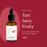 Pomegranate Perfume Oil scent profile: tart, juicy, fruity. Sharp pomegranate seeds with a soft sweetness
