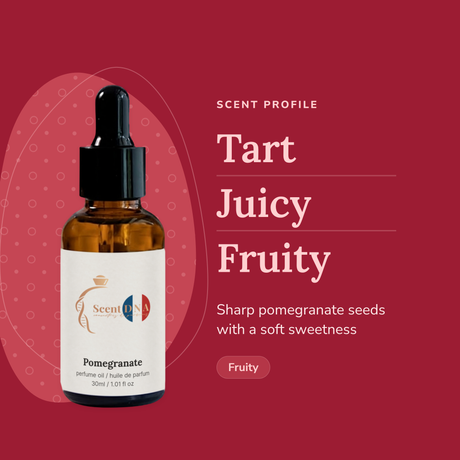 Pomegranate Perfume Oil scent profile: tart, juicy, fruity. Sharp pomegranate seeds with a soft sweetness
