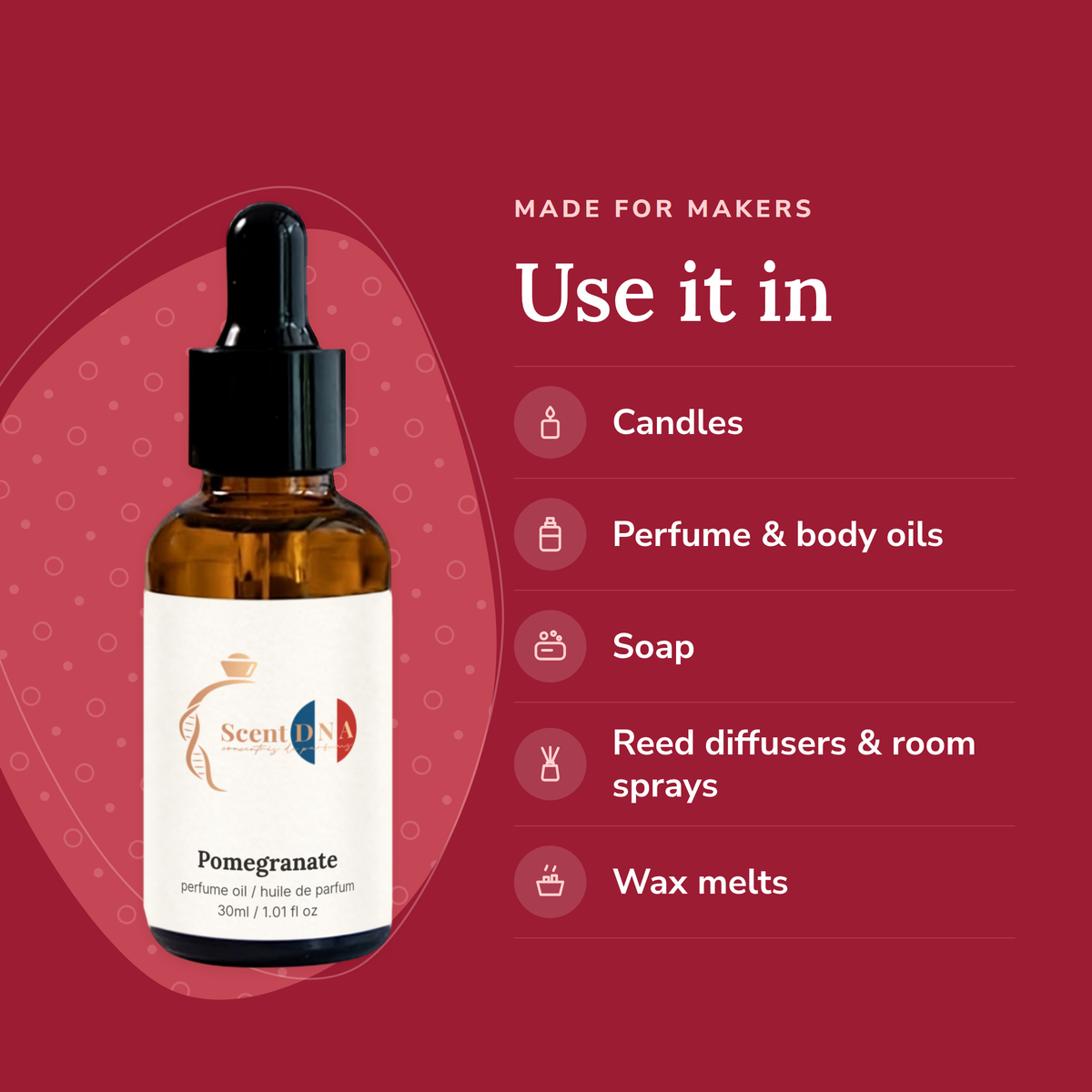 Pomegranate Perfume Oil uses: candles, perfume & body oils, soap, reed diffusers & room sprays, wax melts