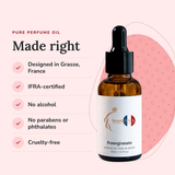 Pomegranate Perfume Oil: designed in Grasse, IFRA-certified, no alcohol, no parabens or phthalates, cruelty-free