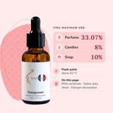 Pomegranate Perfume Oil IFRA maximums: perfume 33.07%, candles 8%, soap 10%; flash point above 62 °C