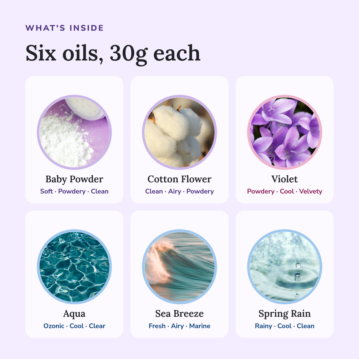 What's inside the Powdery and Aquatic Perfume Oil Bundle: Baby Powder, Cotton Flower, Violet, Aqua, Sea Breeze and Spring…