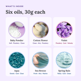 What's inside the Powdery and Aquatic Perfume Oil Bundle: Baby Powder, Cotton Flower, Violet, Aqua, Sea Breeze and Spring…