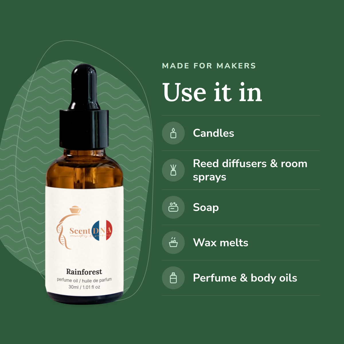 Rainforest Perfume Oil uses: candles, reed diffusers & room sprays, soap, wax melts, perfume & body oils