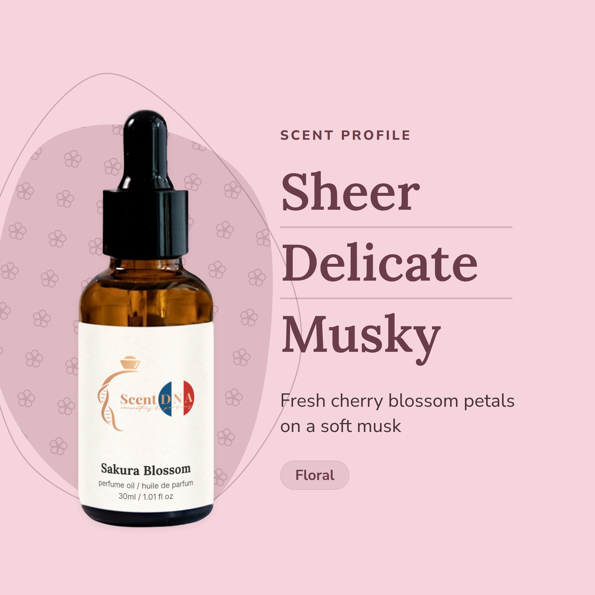 Sakura Blossom Perfume Oil scent profile: sheer, delicate, musky. Fresh cherry blossom petals on a soft musk