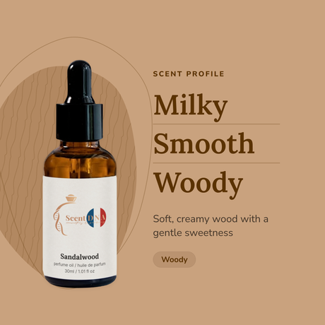Sandalwood Perfume Oil scent profile: milky, smooth, woody. Soft, creamy wood with a gentle sweetness