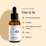 Sandalwood Perfume Oil uses: perfume & body oils, candles, reed diffusers & room sprays, soap, bakhoor