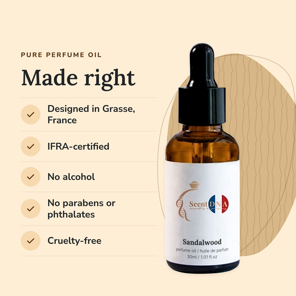 Sandalwood Perfume Oil: designed in Grasse, IFRA-certified, no alcohol, no parabens or phthalates, cruelty-free