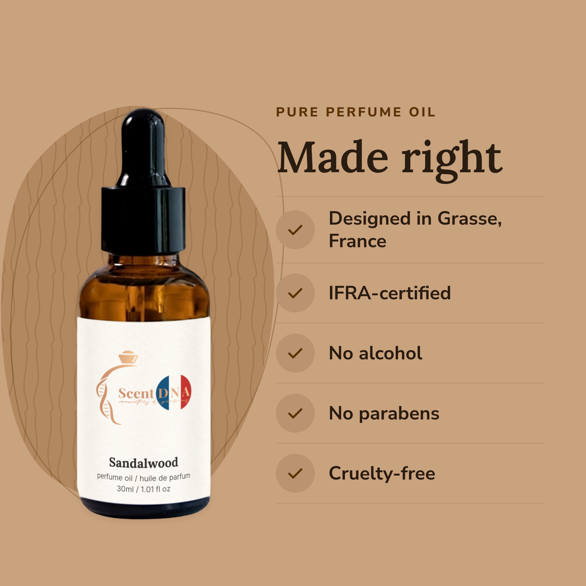 Sandalwood Perfume Oil: designed in Grasse, IFRA-certified, no alcohol, no parabens, cruelty-free