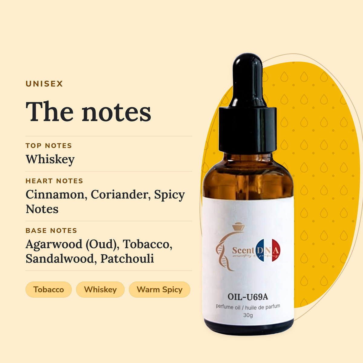 Scent DNA Inspired Perfume Oil inspired by Tobacco Oud (Tom Ford), notes: top whiskey; heart cinnamon, coriander; base…