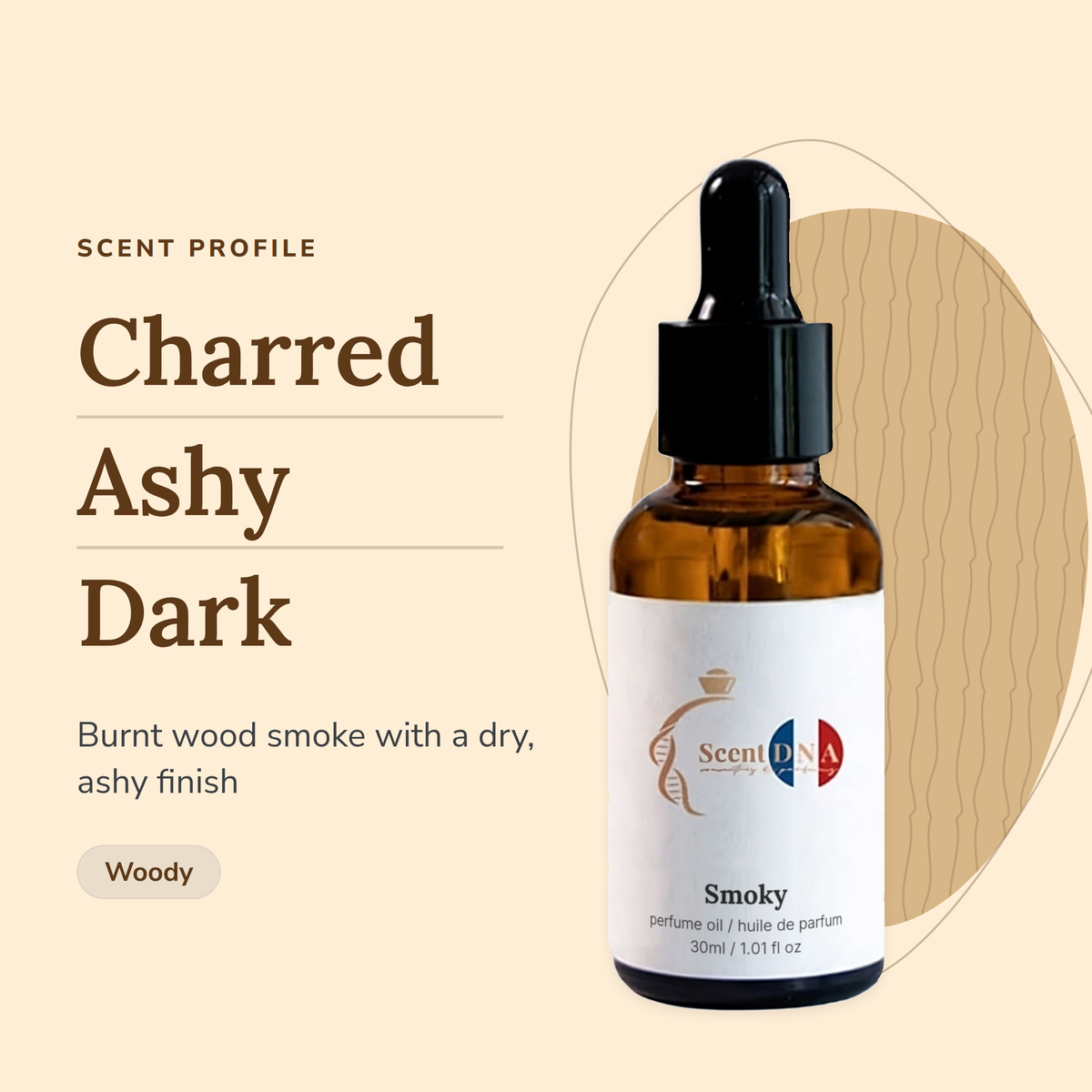 Smoky Perfume Oil scent profile: charred, ashy, dark. Burnt wood smoke with a dry, ashy finish