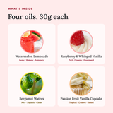 What's inside the Summer Aroma Bundle: Watermelon Lemonade, Raspberry & Whipped Vanilla, Bergamot Waters and Passion Fruit…
