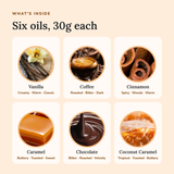 What's inside the Sweet Perfume Oil Bundle: Vanilla, Coffee, Cinnamon, Caramel, Chocolate and Coconut Caramel, 30g each
