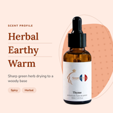 Thyme Perfume Oil scent profile: herbal, earthy, warm. Sharp green herb drying to a woody base