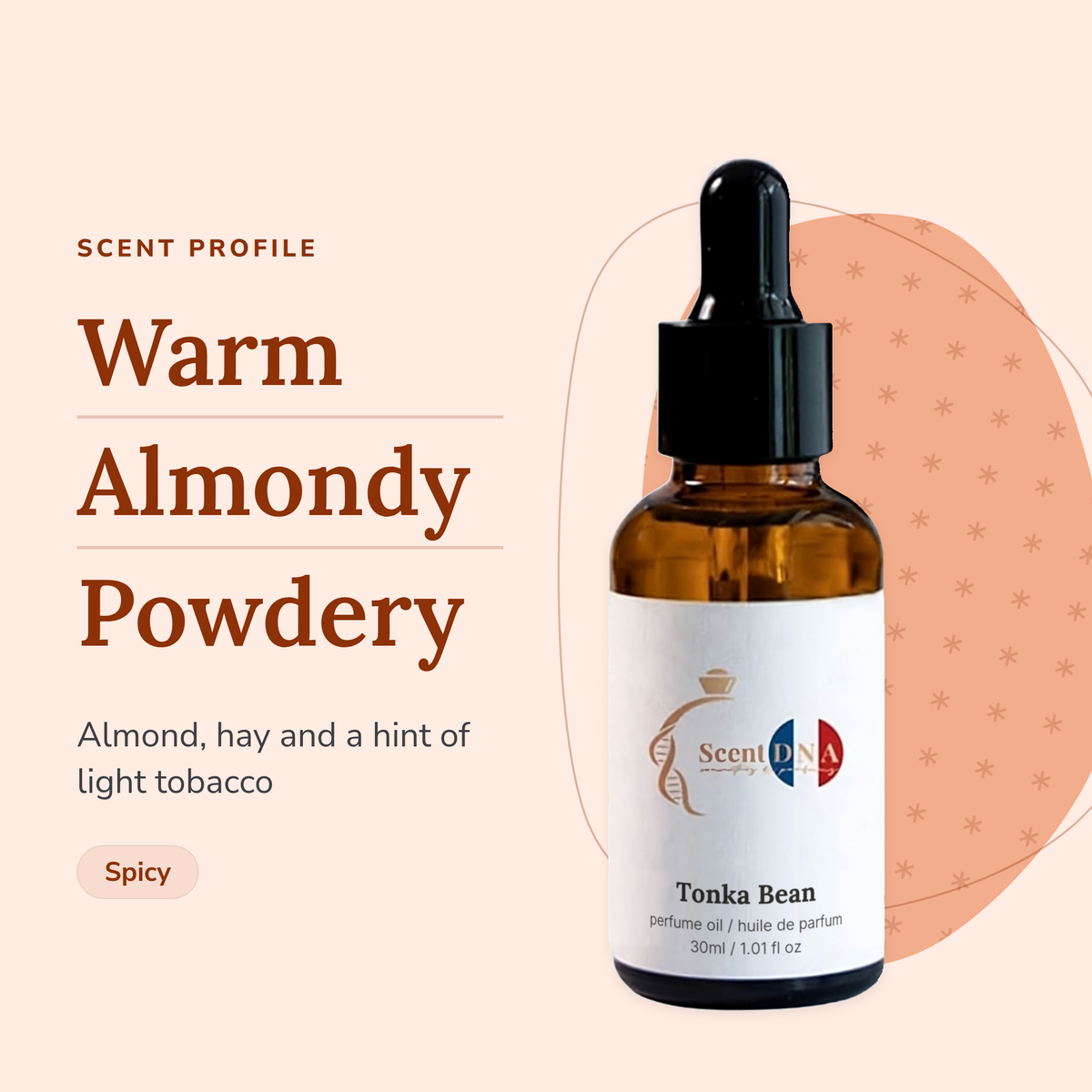 Tonka Bean Perfume Oil scent profile: warm, almondy, powdery. Almond, hay and a hint of light tobacco