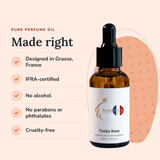 Tonka Bean Perfume Oil: designed in Grasse, IFRA-certified, no alcohol, no parabens or phthalates, cruelty-free
