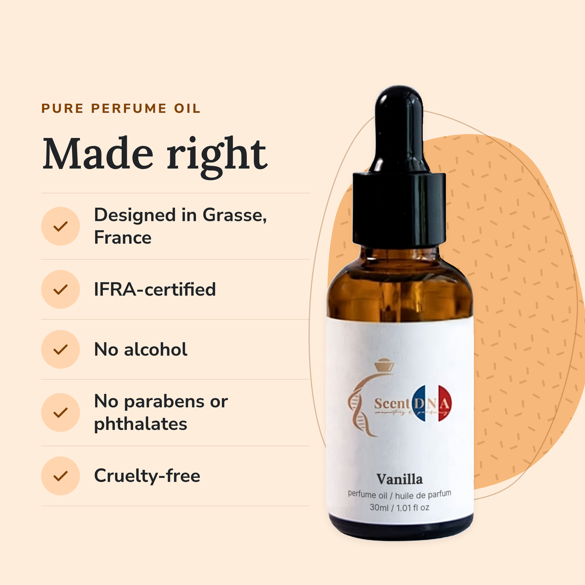 Vanilla Perfume Oil: designed in Grasse, IFRA-certified, no alcohol, no parabens or phthalates, cruelty-free