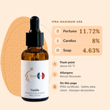 Vanilla Perfume Oil IFRA maximums: perfume 11.72%, candles 8%, soap 4.63%; flash point above 62 °C