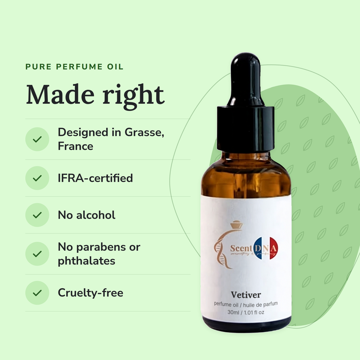 Vetiver Perfume Oil: designed in Grasse, IFRA-certified, no alcohol, no parabens or phthalates, cruelty-free