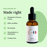 Vetiver Perfume Oil: designed in Grasse, IFRA-certified, no alcohol, no parabens or phthalates, cruelty-free