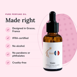 Violet Perfume Oil: designed in Grasse, IFRA-certified, no alcohol, no parabens or phthalates, cruelty-free
