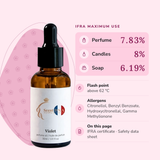 Violet Perfume Oil IFRA maximums: perfume 7.83%, candles 8%, soap 6.19%; flash point above 62 °C