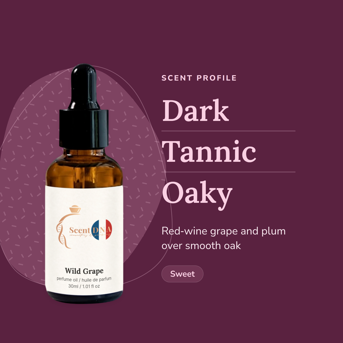 Wild Grape Perfume Oil scent profile: dark, tannic, oaky. Red-wine grape and plum over smooth oak