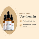 Woody Perfume Oil Bundle uses, for every oil in it: perfume & body oils, reed diffusers & room sprays
