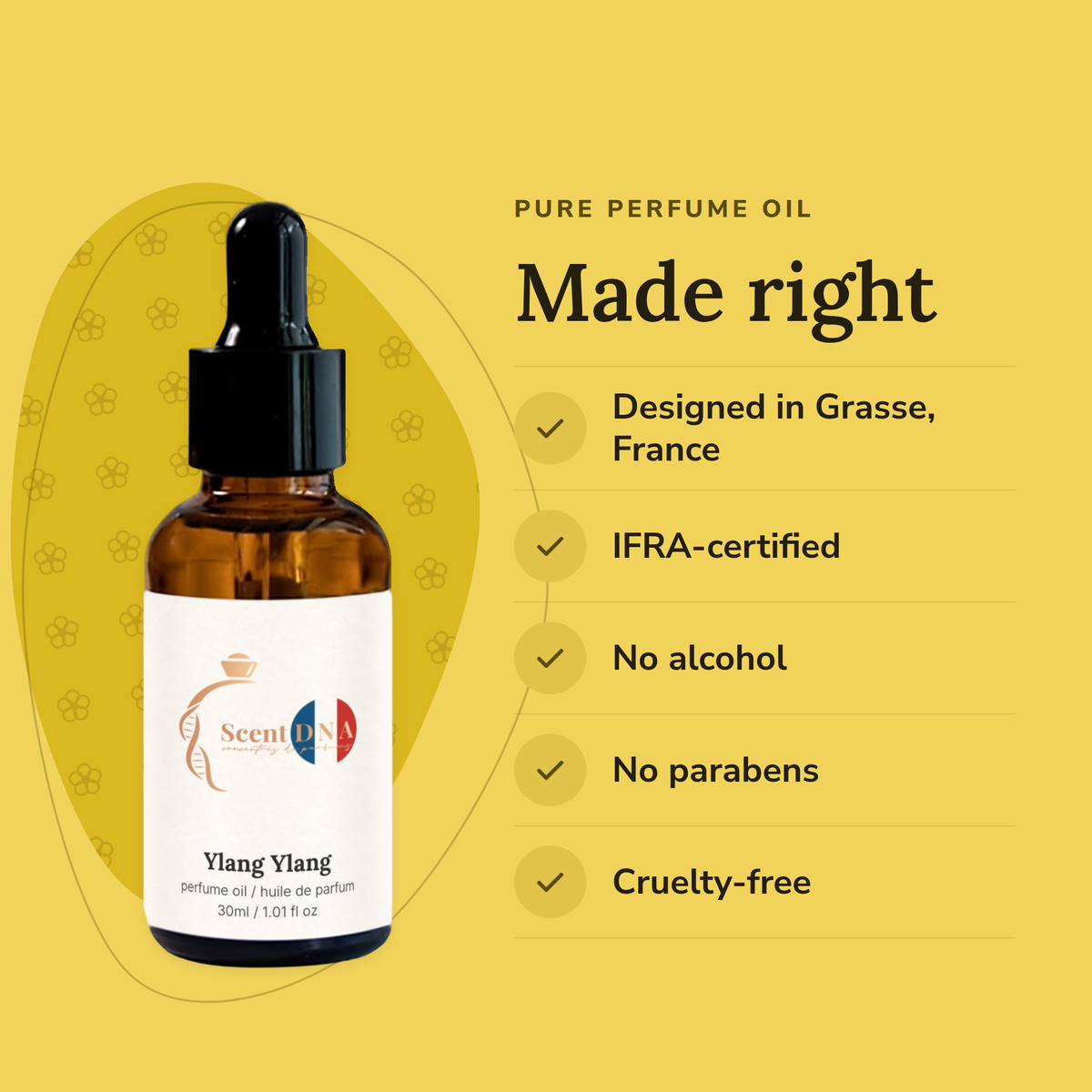 Ylang Ylang Perfume Oil: designed in Grasse, IFRA-certified, no alcohol, no parabens, cruelty-free