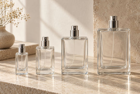 Four empty square glass perfume bottles with silver spray pumps, in a row from smallest to largest