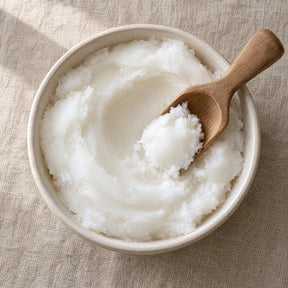 Coconut wax in a shallow bowl with a wooden scoop, seen from above on a linen surface