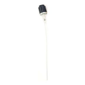 15mm Coster crimp-on perfume spray pump with a black collar, full length with its dip tube