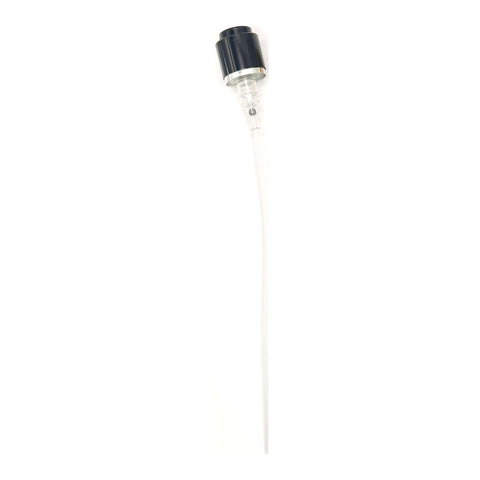15mm Coster crimp-on perfume spray pump with a black collar, full length with its dip tube