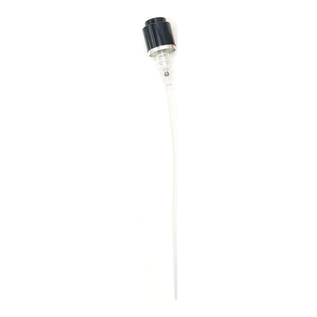 15mm Coster crimp-on perfume spray pump with a black collar, full length with its dip tube