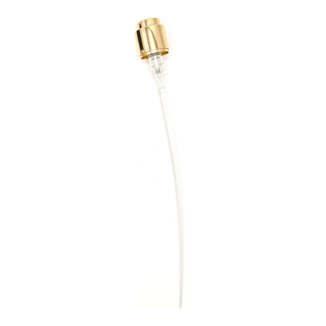 15mm Coster crimp-on perfume spray pump with a gold collar, full length with its dip tube