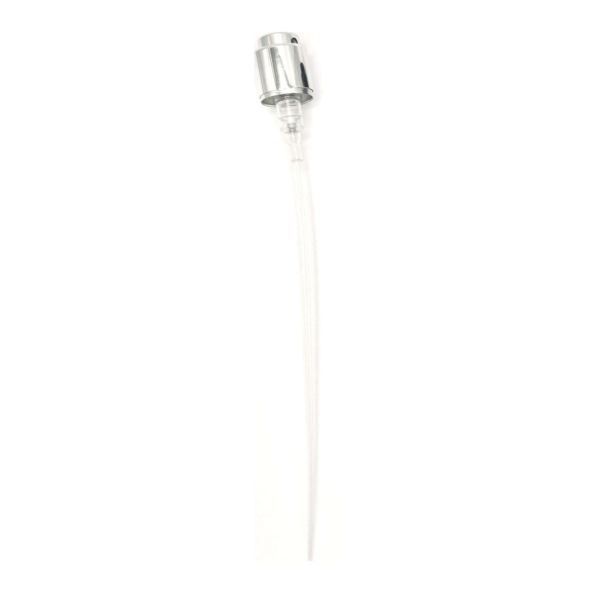 15mm Coster crimp-on perfume spray pump with a silver collar, full length with its dip tube