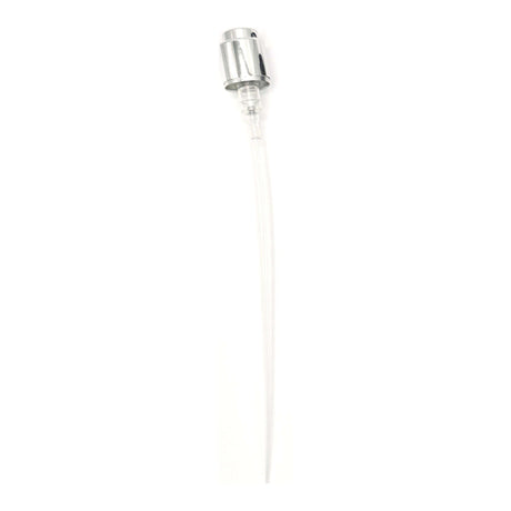 15mm Coster crimp-on perfume spray pump with a silver collar, full length with its dip tube