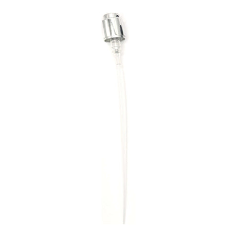 15mm Coster crimp-on perfume spray pump with a silver collar, full length with its dip tube