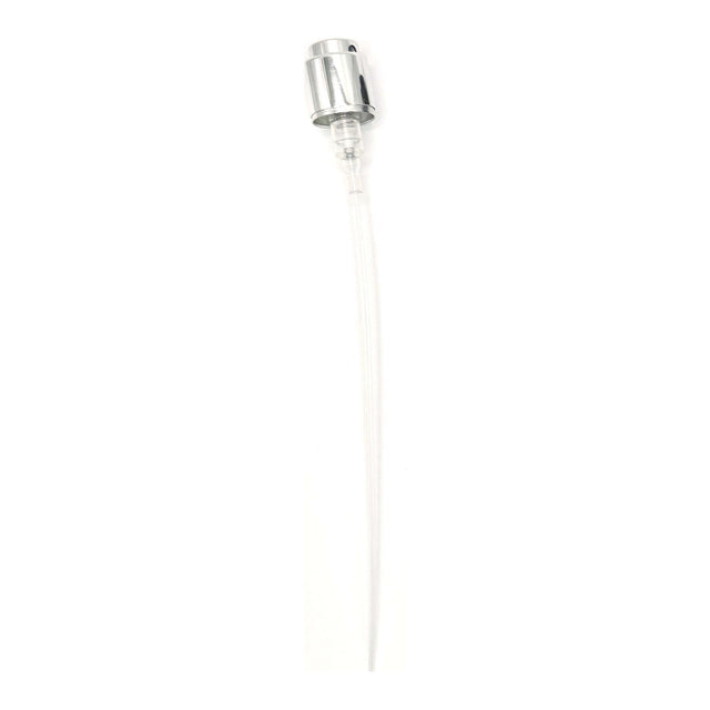 15mm Coster crimp-on perfume spray pump with a silver collar, full length with its dip tube