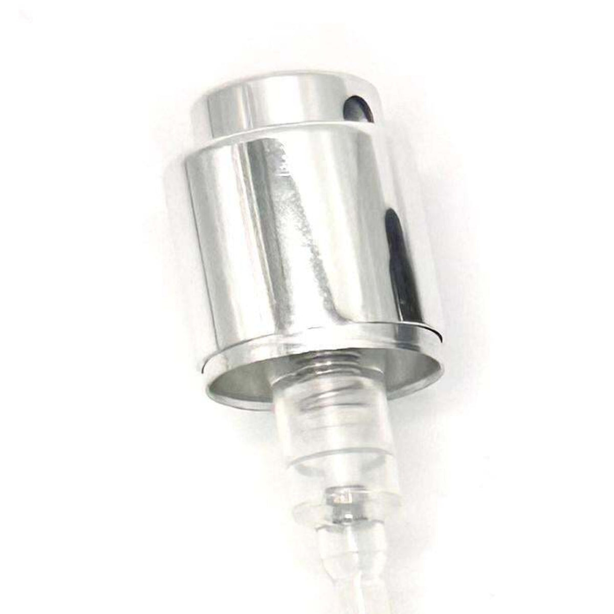 Close-up of the silver collar and actuator of the 15mm Coster crimp-on perfume pump
