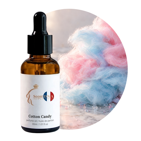 Cotton Candy Perfume Oil, 30ml amber dropper bottle, with pink and blue cotton candy on marble