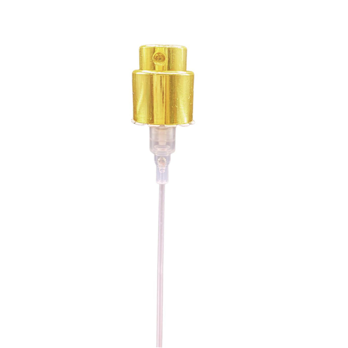 Crimp Less screw-on perfume spray pump with a gold collar, full length with its dip tube